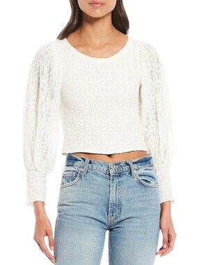 Free People Tea Time Top White Lace Long  Sleeve Cropped Size XS